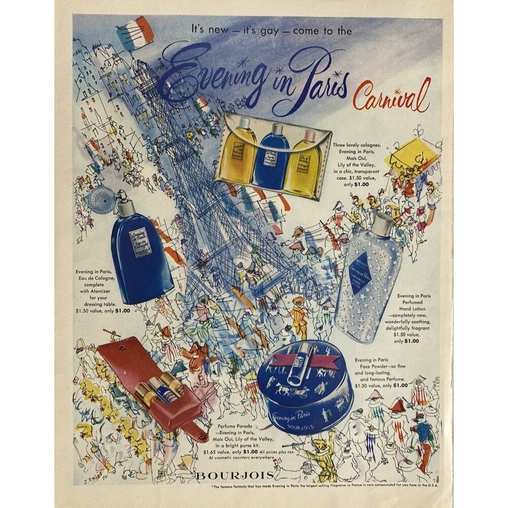 Bourjois Evening in Paris Carnival of Fragrances Now in USA Vintage Print Ad '51